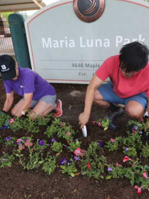 Park Advocates planting flowers in front of a park sign. 