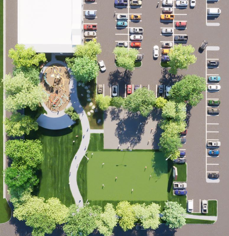 Forest Audelia park concept drawing with a playground, walking trail, sport field, basketball court